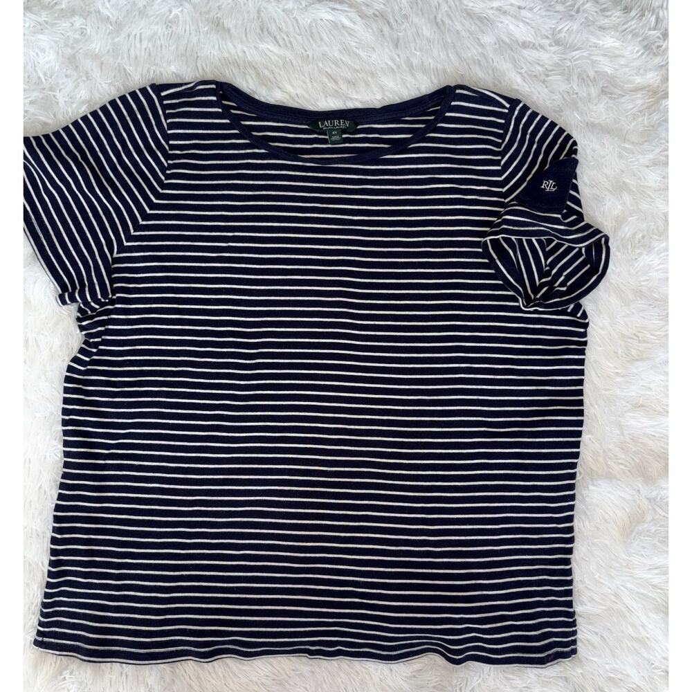 Ralph Lauren Women’s 2X Navy & Wht Striped Tee. Cute, **nt Desc**